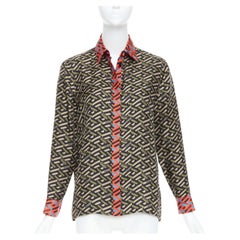 VERSACE La Greca 100% silk green red geometric print logo shirt IT36 XXS