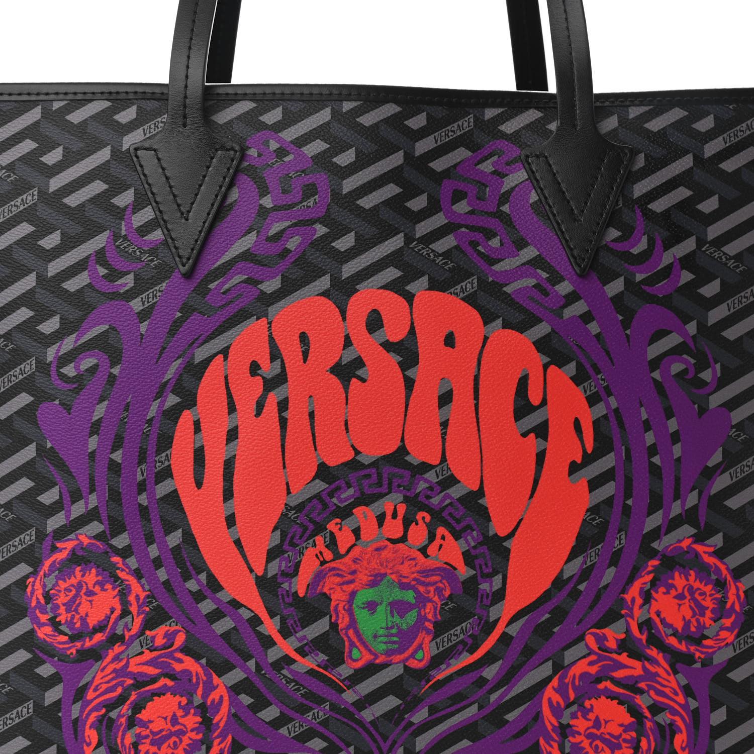Black Versace La Greca Monogram Large Grey Tote Bag with Medusa Print For Sale