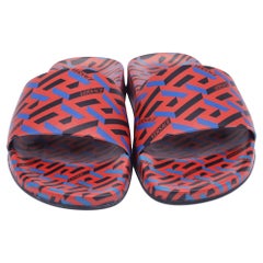Versace La Greca Print Slide Sandals in Multicolor Polyurethane