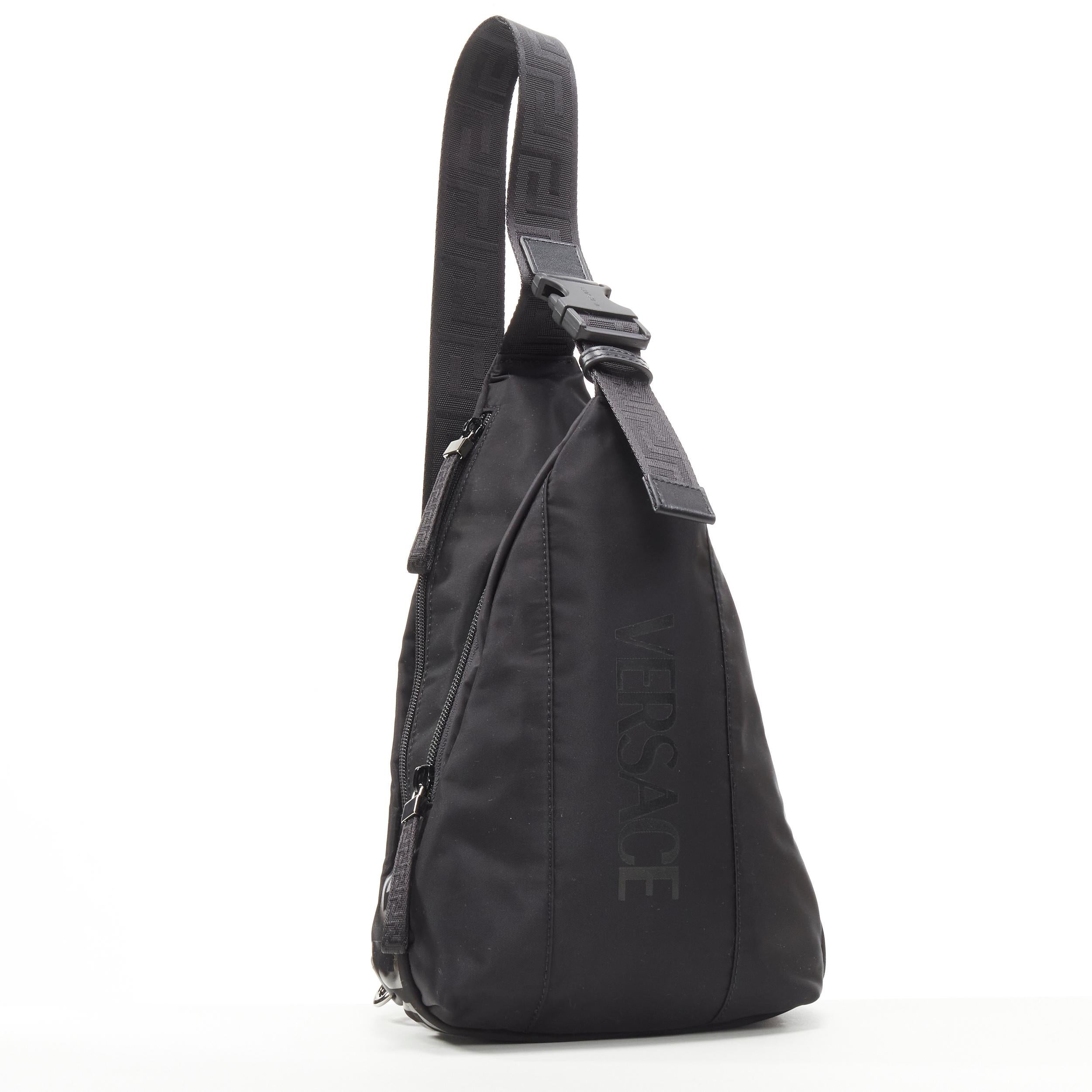 Black VERSACE La Greca Vintage 90s Logo black nylon small sling backpack bag