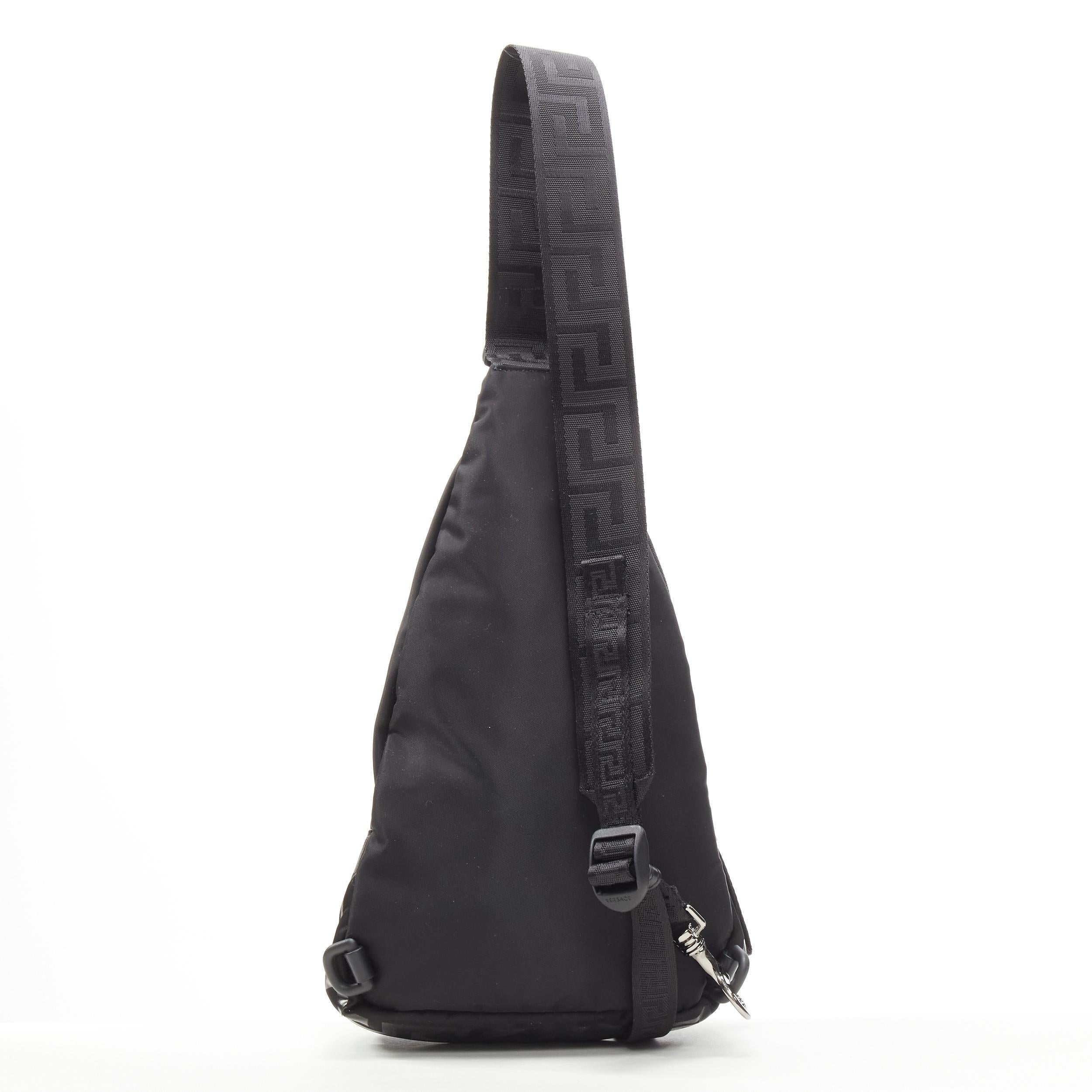 VERSACE La Greca Vintage 90s Logo black nylon small sling backpack bag For Sale 1