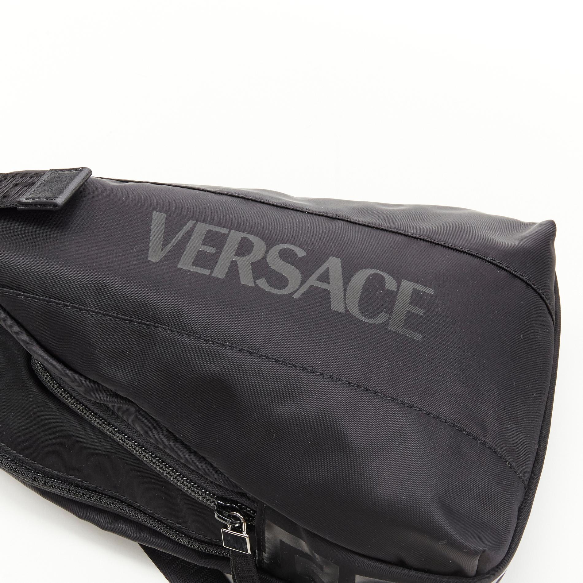 VERSACE La Greca Vintage 90s Logo black nylon small sling backpack bag For Sale 3
