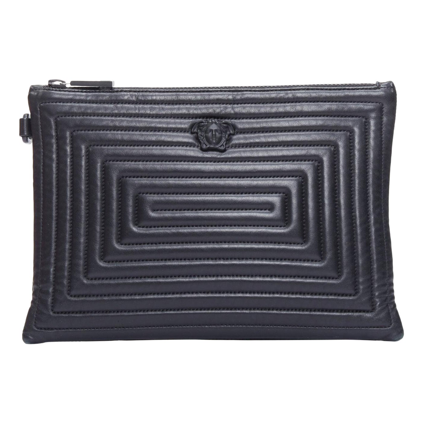 VERSACE La Medusa black quilted greca leather zip clutch bag