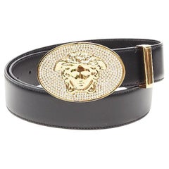 VERSACE La Medusa crystal gold buckle black leather belt 110cm 42-46"