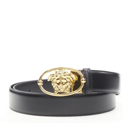 VERSACE La Medusa Insignia hebilla oval dorada cinturón de piel negro 100cm 38-42"
