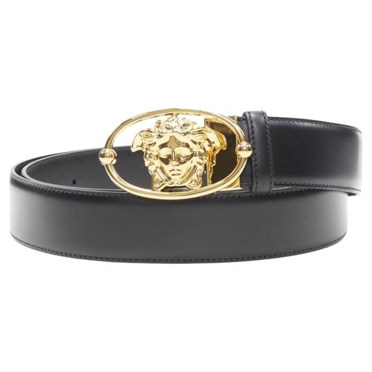 VERSACE La Medusa Insignia gold oval buckle black leather belt 115cm 44-48" For Sale