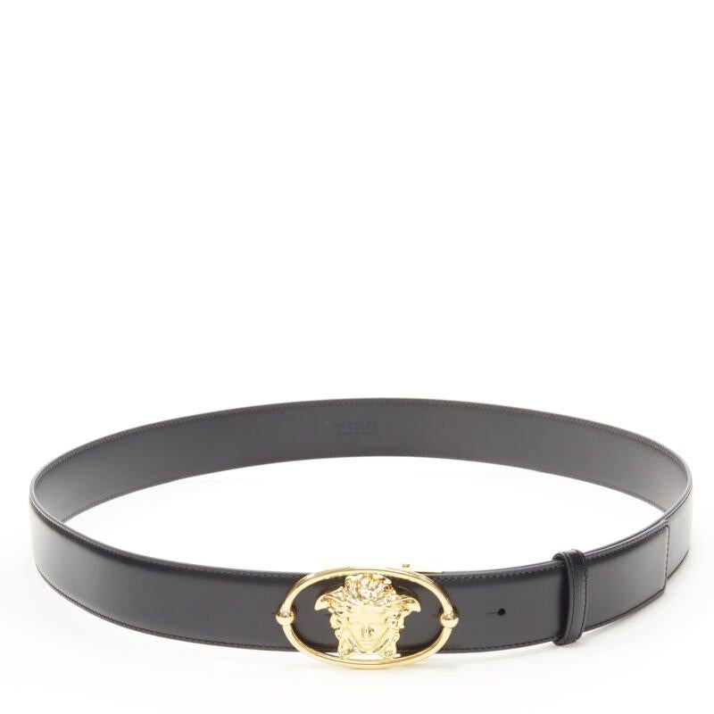 Black VERSACE La Medusa Insignia gold oval buckle black leather belt 95cm 36-40
