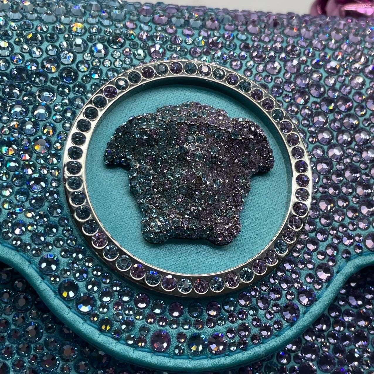 Versace La Medusa Mini Crystal Embellished Top Handle Bag in Blue Pink Disney Co For Sale 10