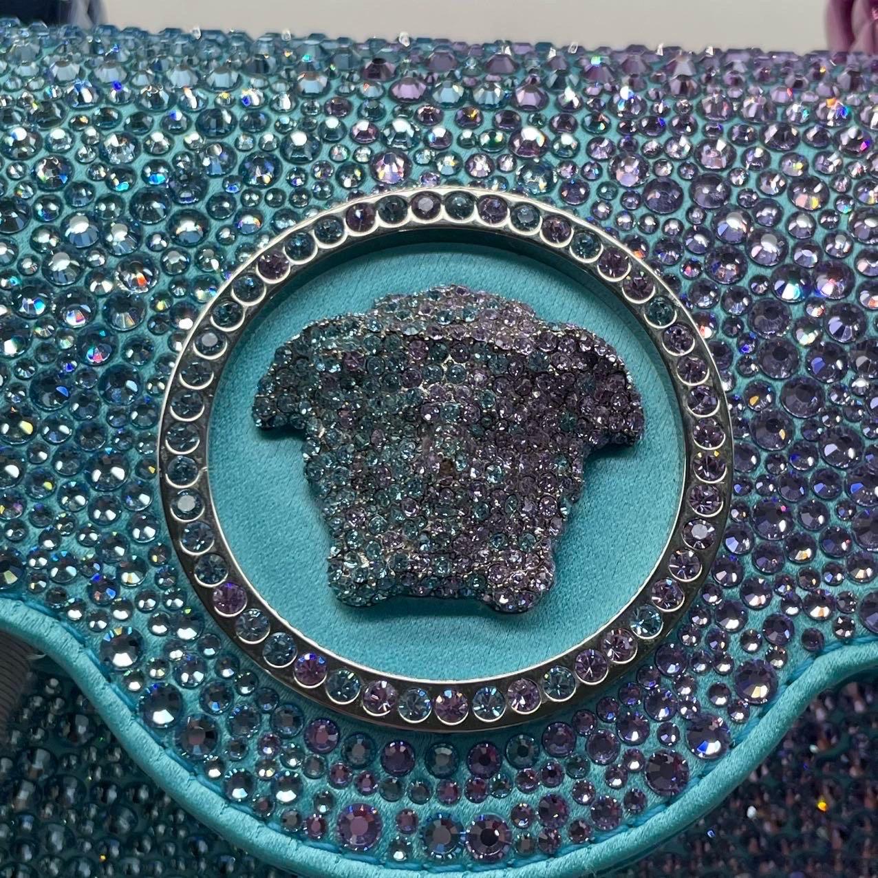 Versace La Medusa Mini Crystal Embellished Top Handle Bag in Blue Pink Disney Co For Sale 2