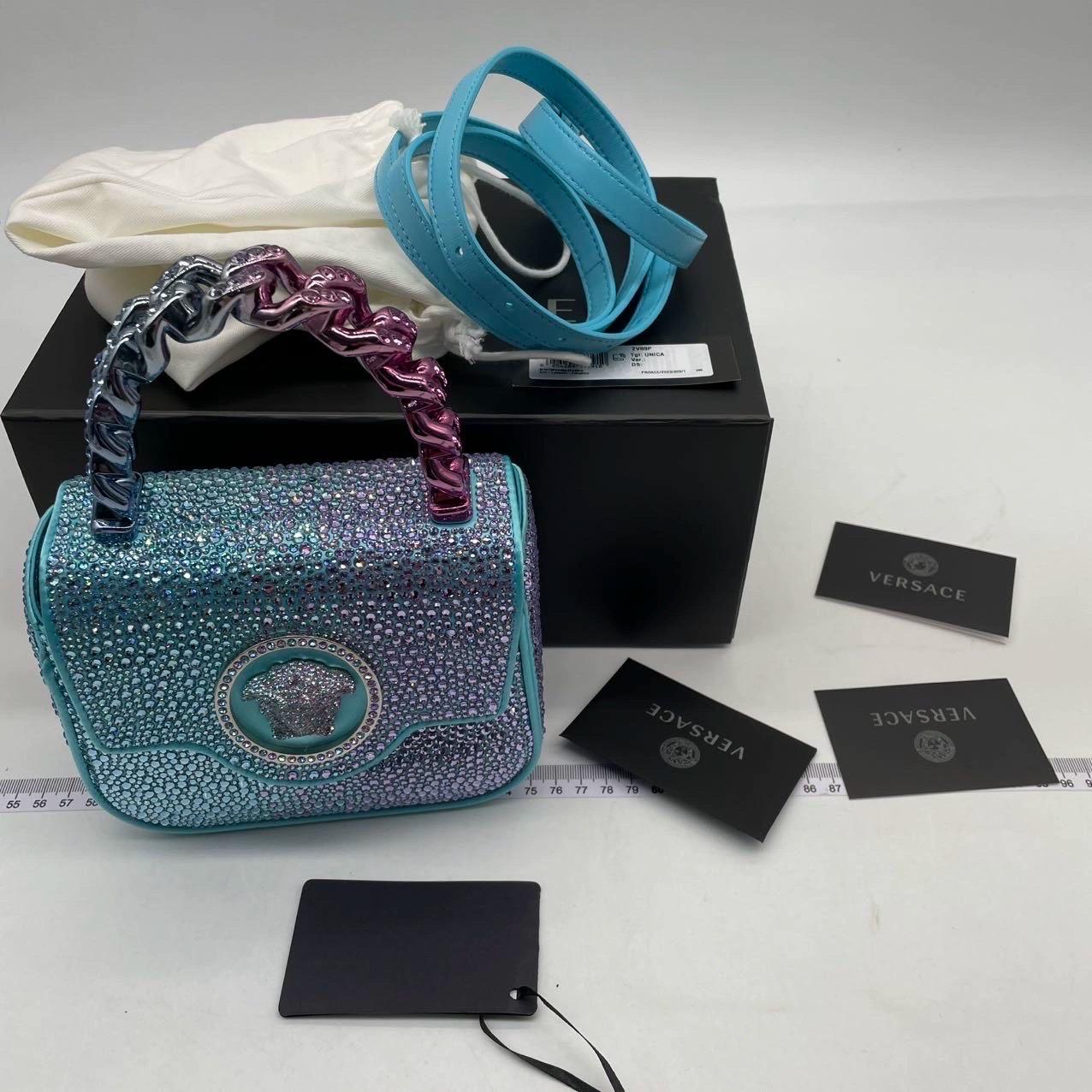 Versace La Medusa Mini Crystal Embellished Top Handle Bag in Blue Pink Disney Co For Sale 5