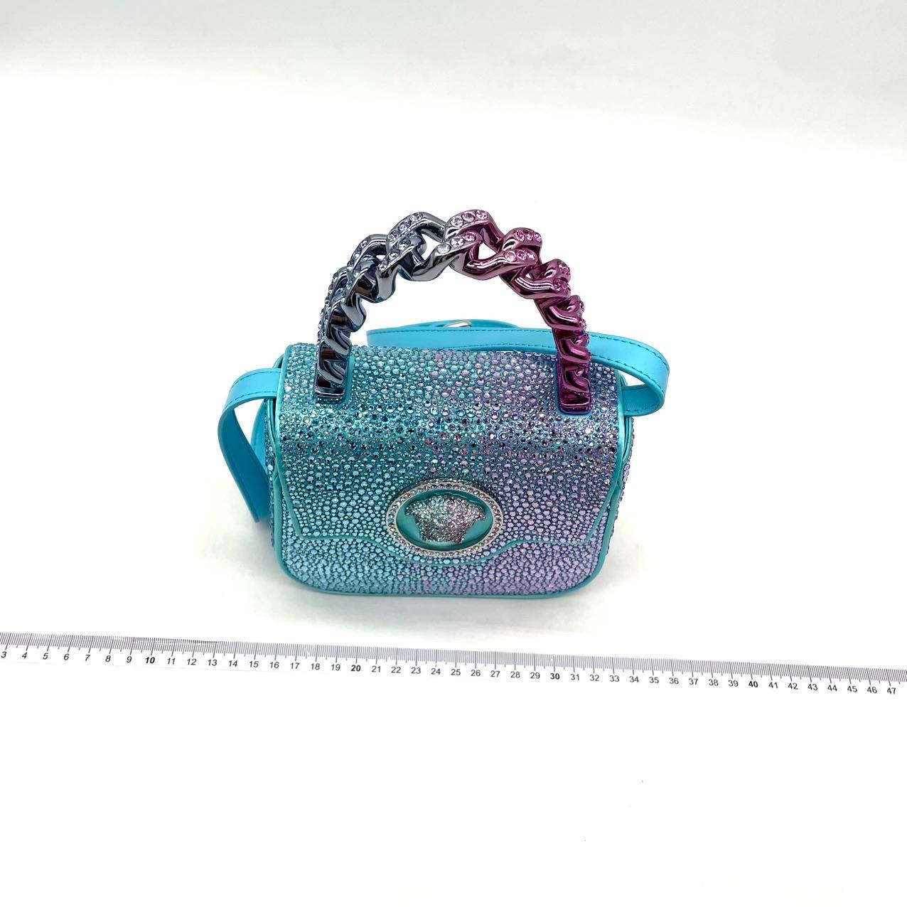 Versace La Medusa Mini Crystal Embellished Top Handle Bag in Blue Pink In Excellent Condition In AUBERVILLIERS, FR