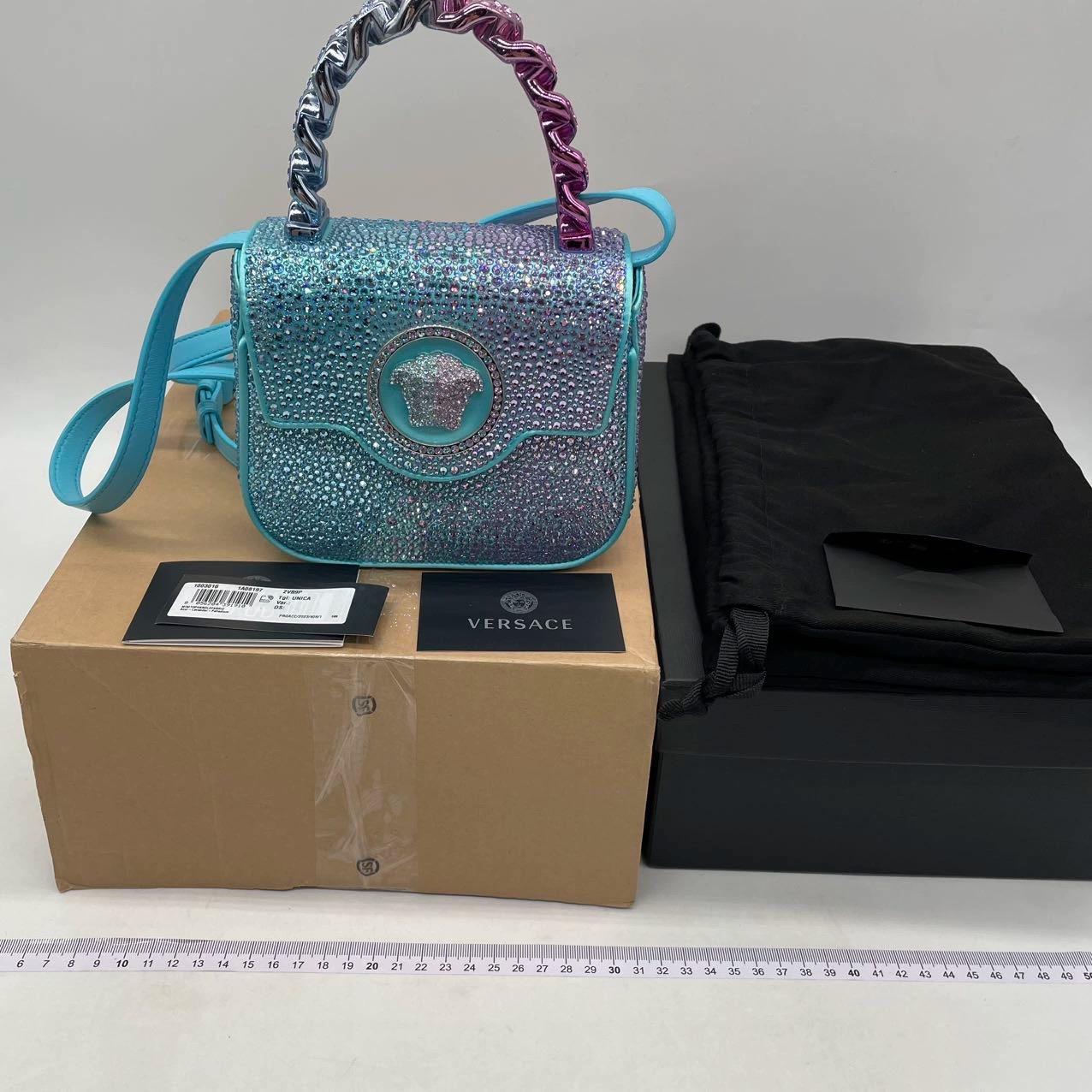 Versace La Medusa Mini Crystal Embellished Top Handle Bag in Blue Pink 3