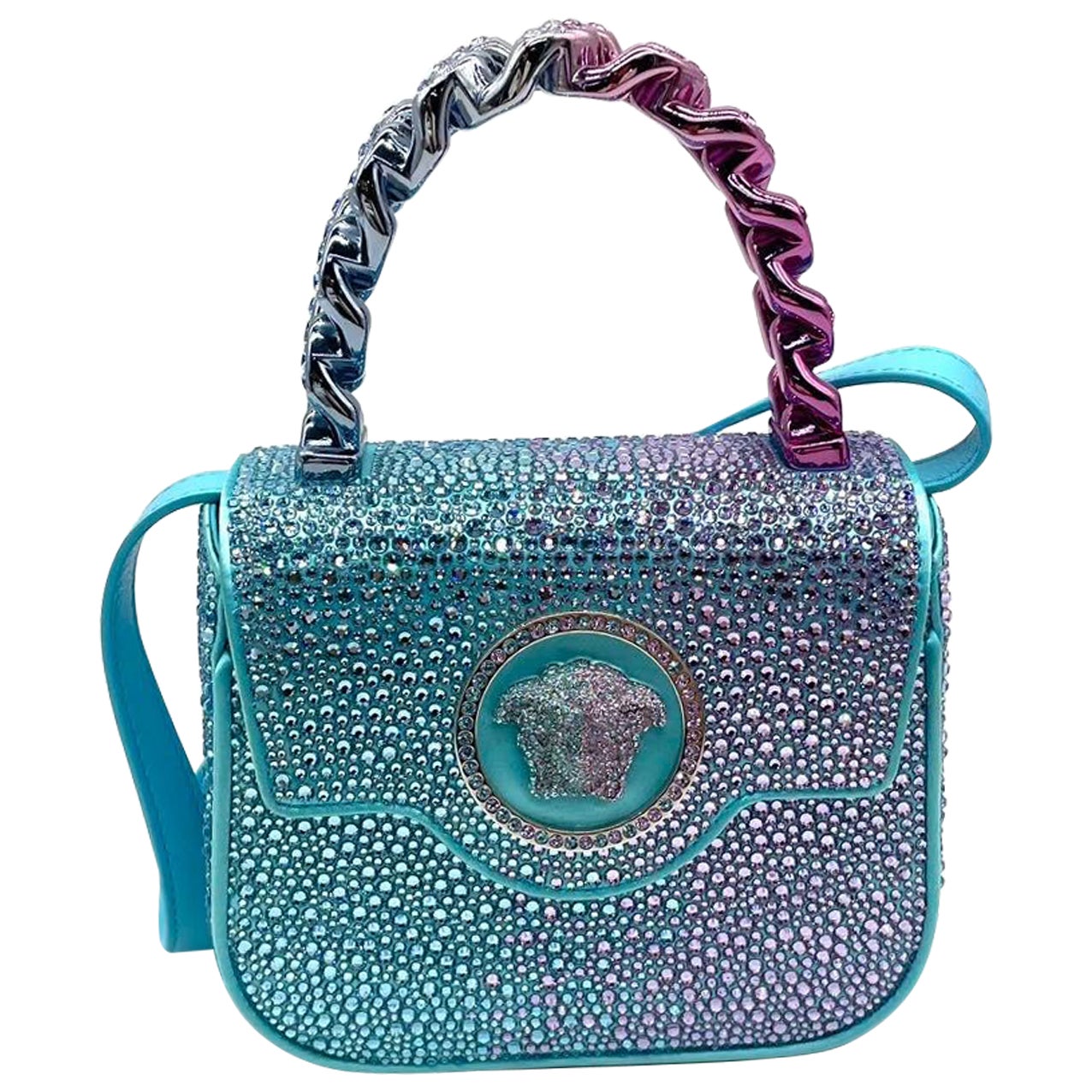 Versace La Medusa Mini Crystal Embellished Top Handle Bag in Blue Pink