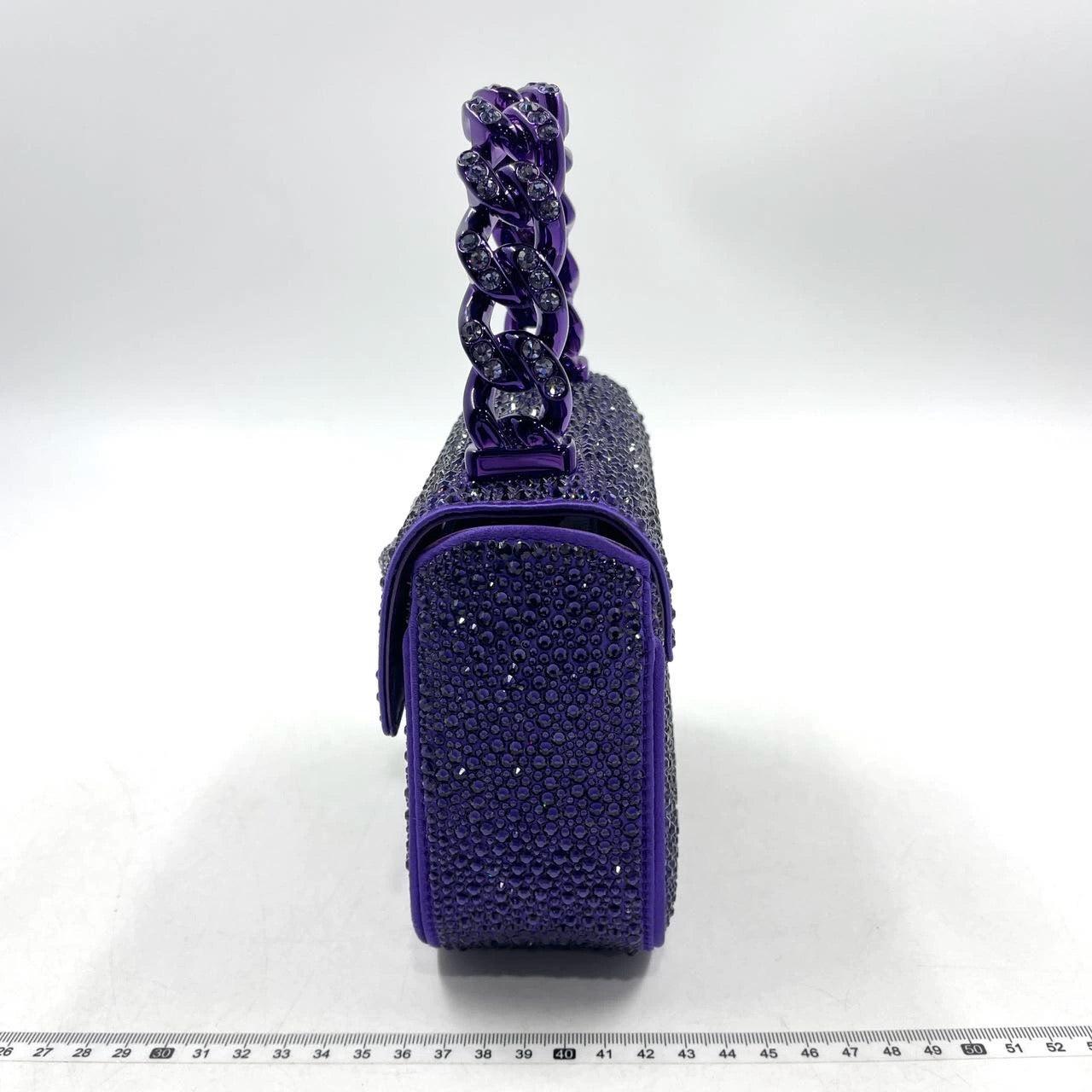 Versace La Medusa Mini Crystal Embellished Top Handle Bag in Purple
 These are professional photos of the actual bag offered by Luxbags.
 CONDITION: NEVER WORN
 DETAILS
 
 Versace
 Size: Mini
 
 Bottom Width: 16cm  6.25 in
 
 Height: 13.5cm  5.25