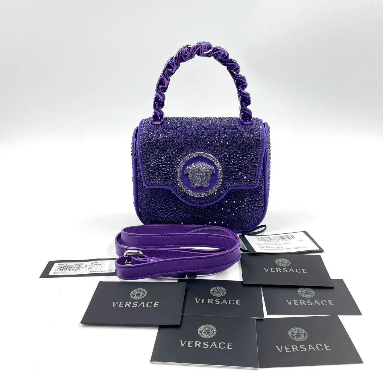 Versace La Medusa Mini Crystal Embellished Top Handle Bag in Purple 5