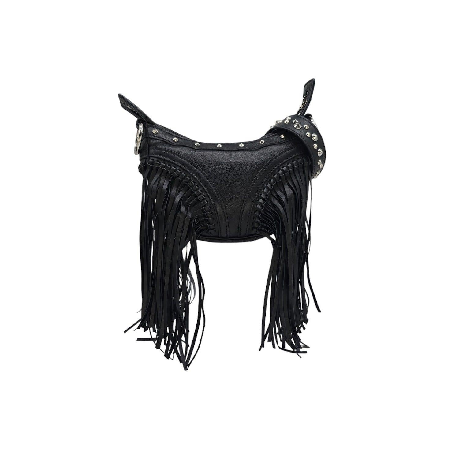 Experience luxury at its finest with the Versace La Medusa Mini Fringe Leather Hobo bag. Crafted from 100% calfskin leather, this bag features a chic front-facing silver medusa embellishment, looping top handle, and optional shoulder strap with
