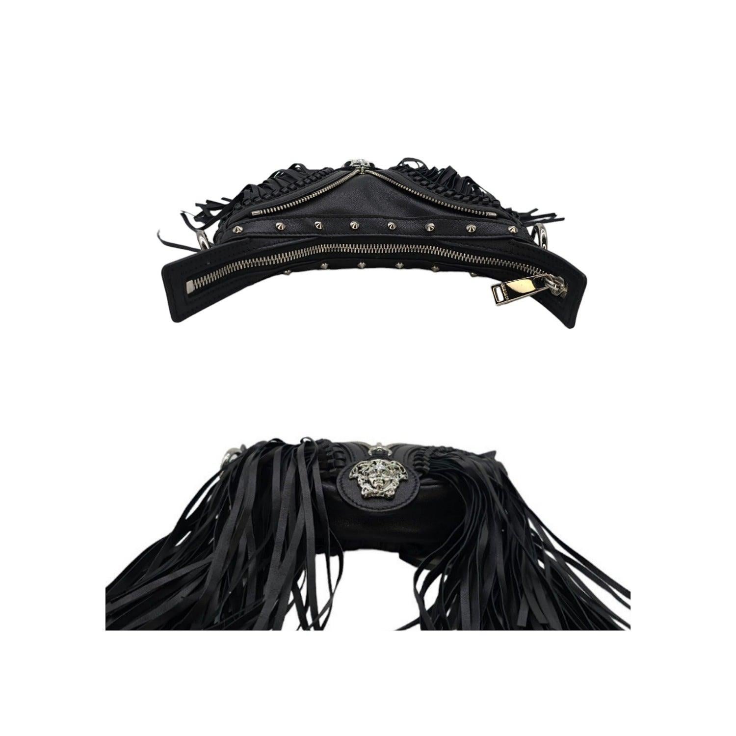 Versace La Medusa Repeat Fringed Mini Shoulder Hobo Bag In Excellent Condition For Sale In Scottsdale, AZ