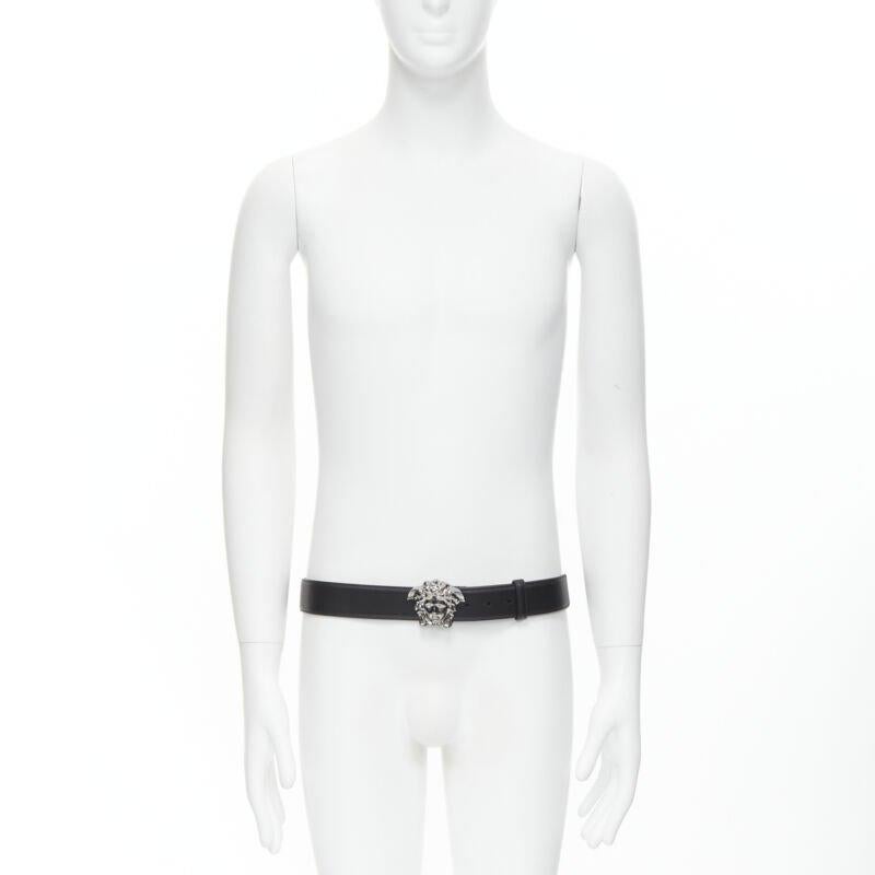 VERSACE La Medusa ruthenium silver buckle black leather belt 110cm 42-46