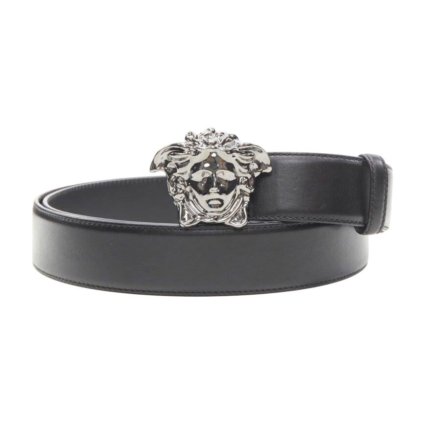 Versace La Medusa ruthénium boucle argentée ceinture en cuir noir 110cm 42-46"