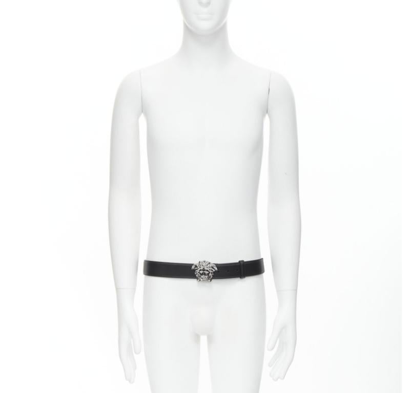 VERSACE La Medusa rutenio hebilla de plata cinturón de cuero negro 115cm 44-48