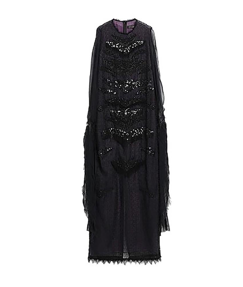 VERSACE 

Lace, chiffon, beads, sequins, two-tone, round collar, long sleeves, zipper closure, no pockets, fully lined

Content: 100% Polyester, Polyamide, Silk

Size
42 - 6
44 - 8
Length (from the back to the bottom of the dress) 60.84