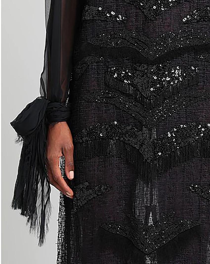 VERSACE LACE/CHIFFON BLACK LONG DRESS EMBELLISHED w/BEADS and SEQUINS Sz 6, 8 In New Condition In Montgomery, TX