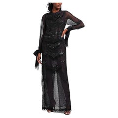 VERSACE LACE/CHIFFON BLACK LONG DRESS EMBELLISHED w/BEADS and SEQUINS Sz 6, 8