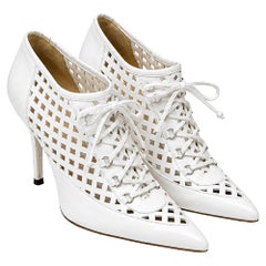 Versace Lace Up High-Heeled Mules in White Leather
