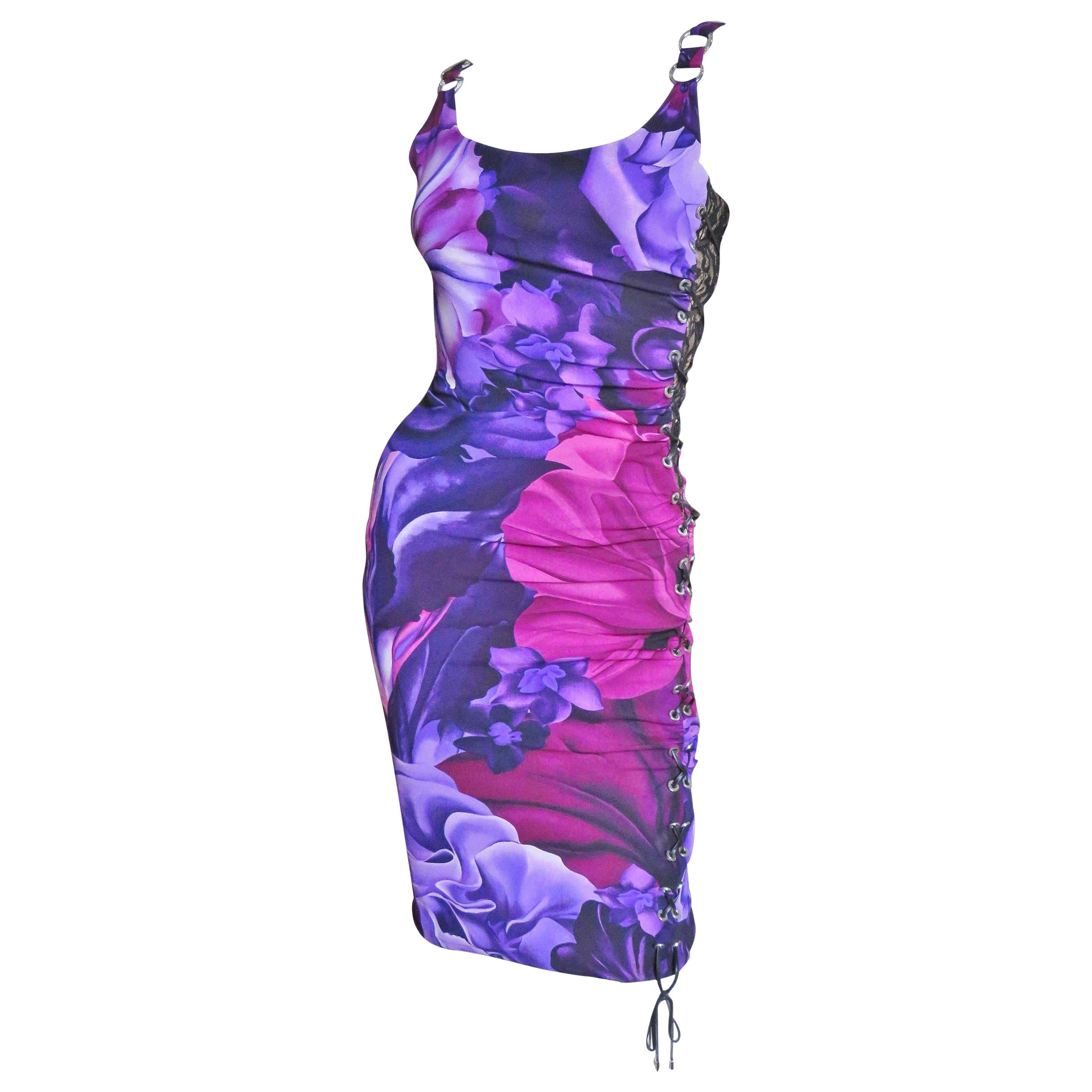Versace Seidenkleid mit Spitzenbesatz im Angebot