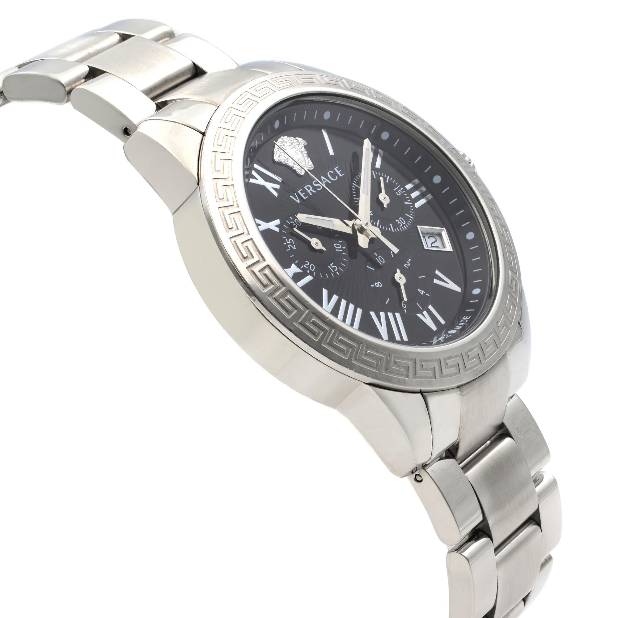 Versace Landmark Steel Black Roman Dial Quartz Men's Watch P6C99GD008 S099 In Good Condition In New York, NY