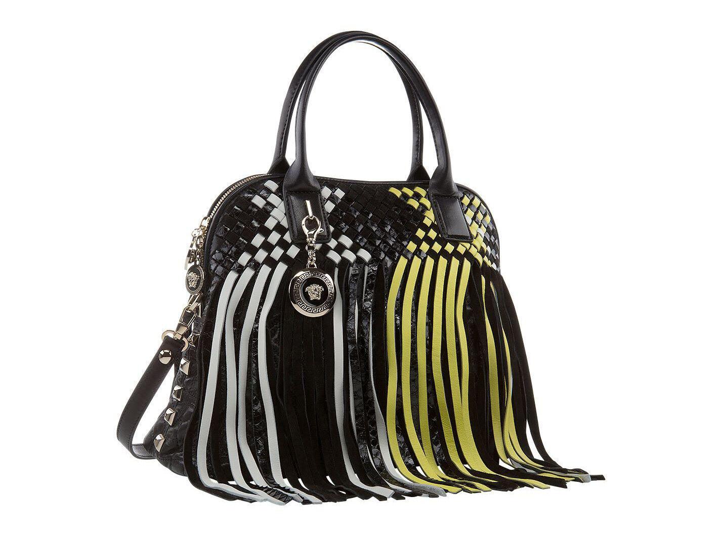 Black VERSACE LARGE FRINGED VANITAS BLACK, WHITE and YELLOW HANDBAG SHOULDER BAG For Sale