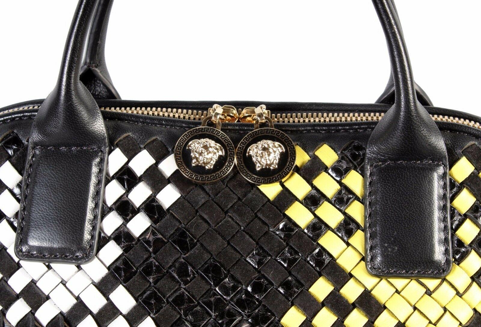 VERSACE LARGE FRINGED VANITAS BLACK, WHITE and YELLOW HANDBAG SHOULDER BAG In New Condition For Sale In Montgomery, TX