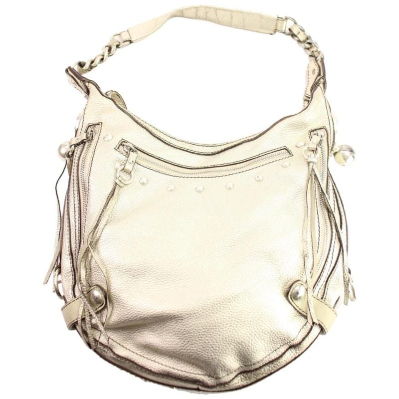 Versace Large Metallic Silver Leather Chain Hobo 22VER104 For Sale