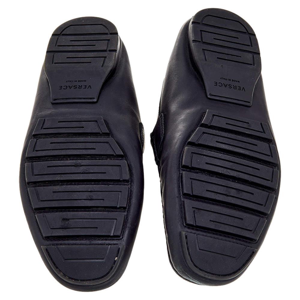 Men's Versace Leather And Signature Canvas Medusa Detail Slip On Loafers Size 44 For Sale