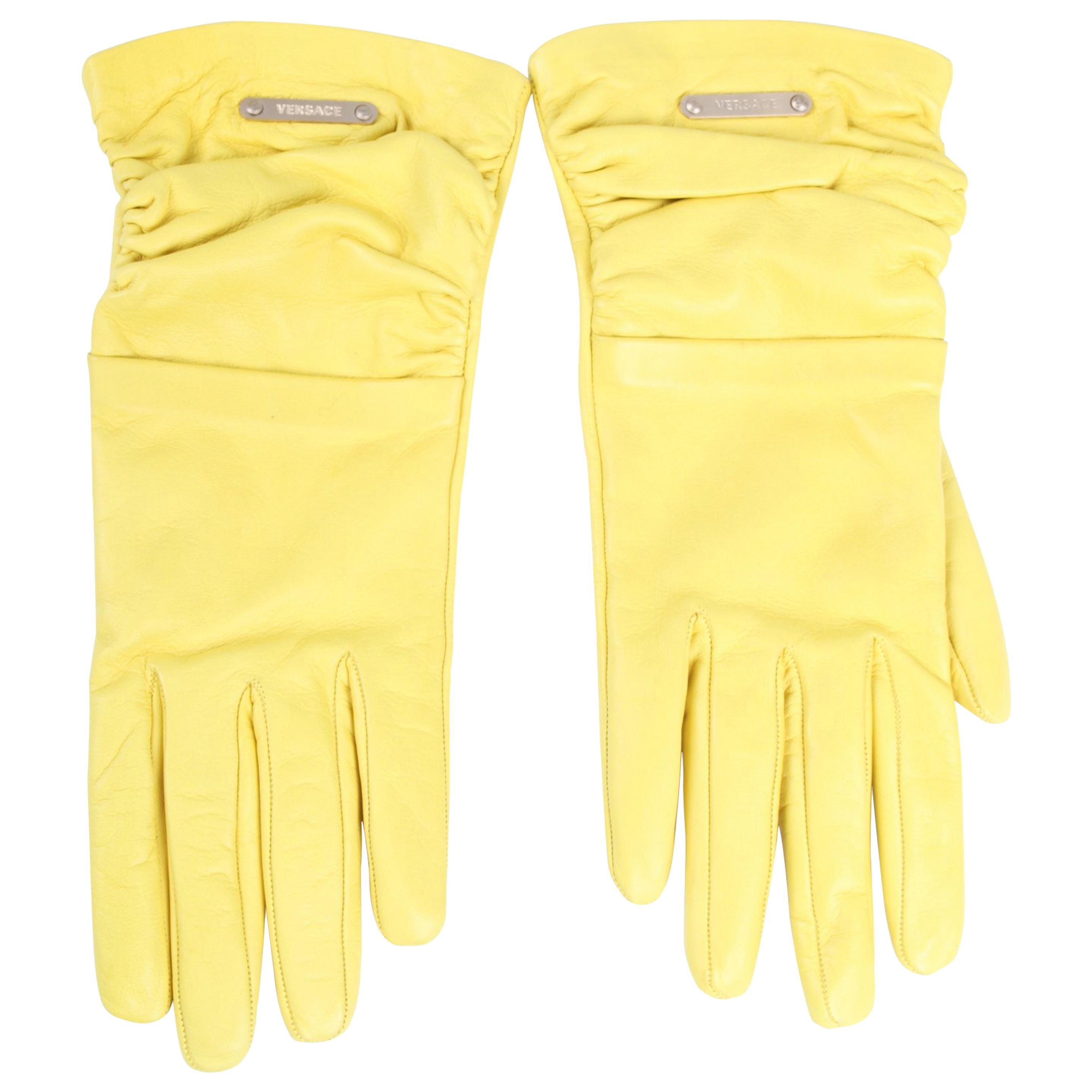 Versace Leather Gloves - yellow For Sale