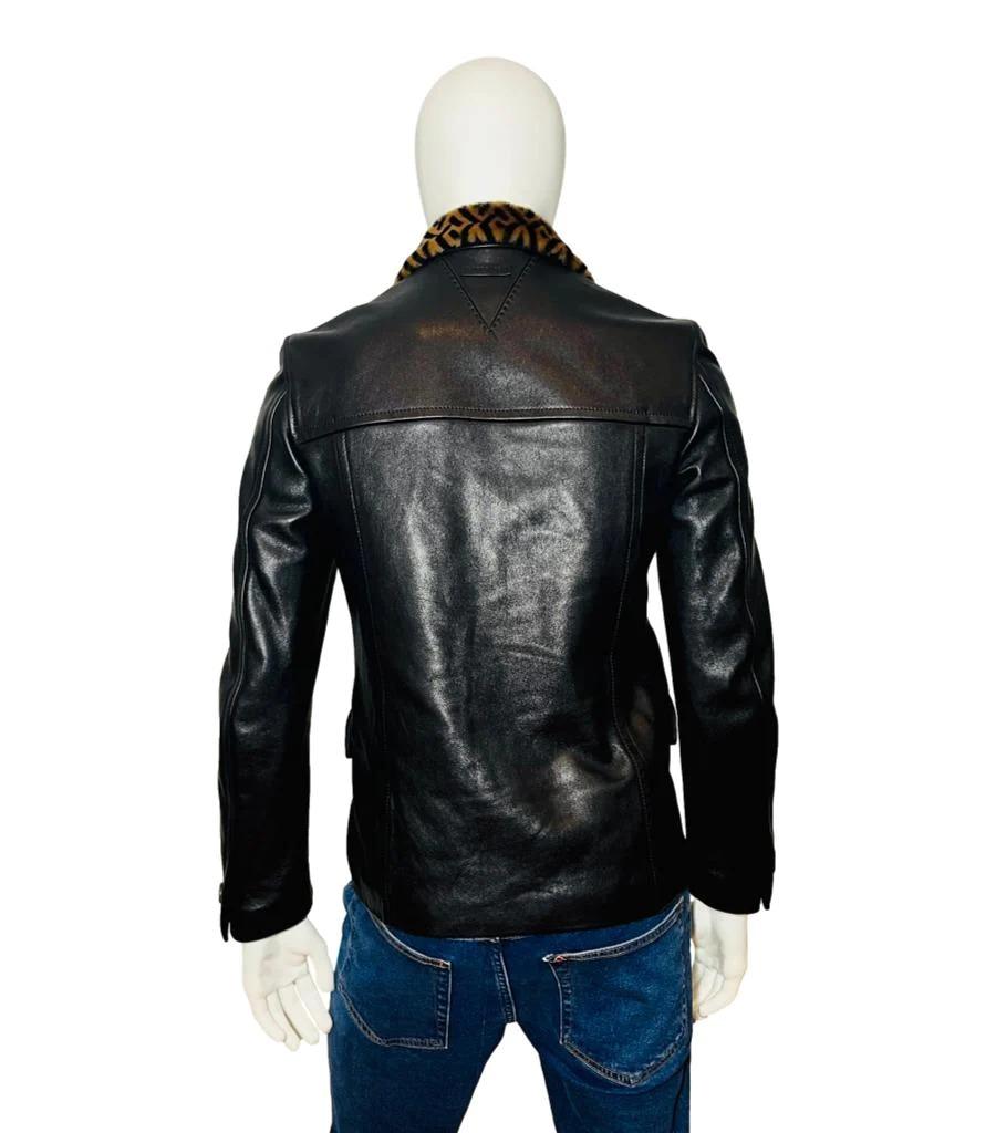 Versace Leather Jacket With Greca Fur Collar In Excellent Condition For Sale In London, GB