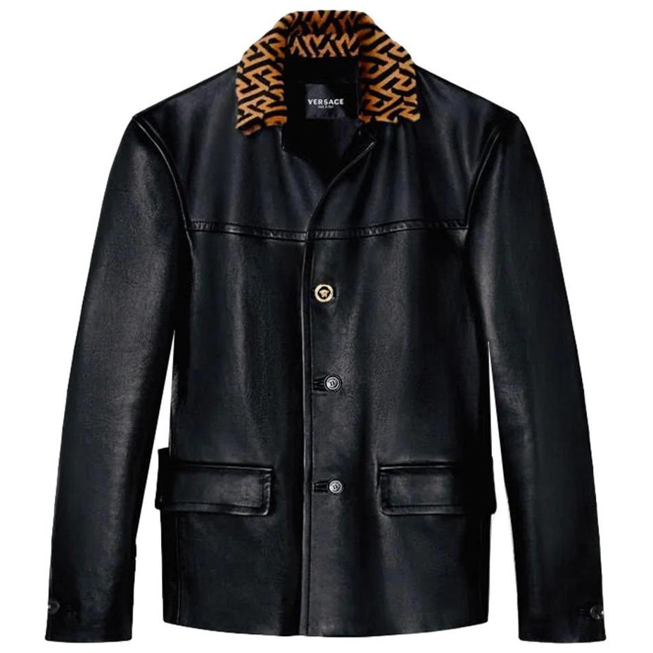 Versace - Veste en cuir avec col en fourrure Greca