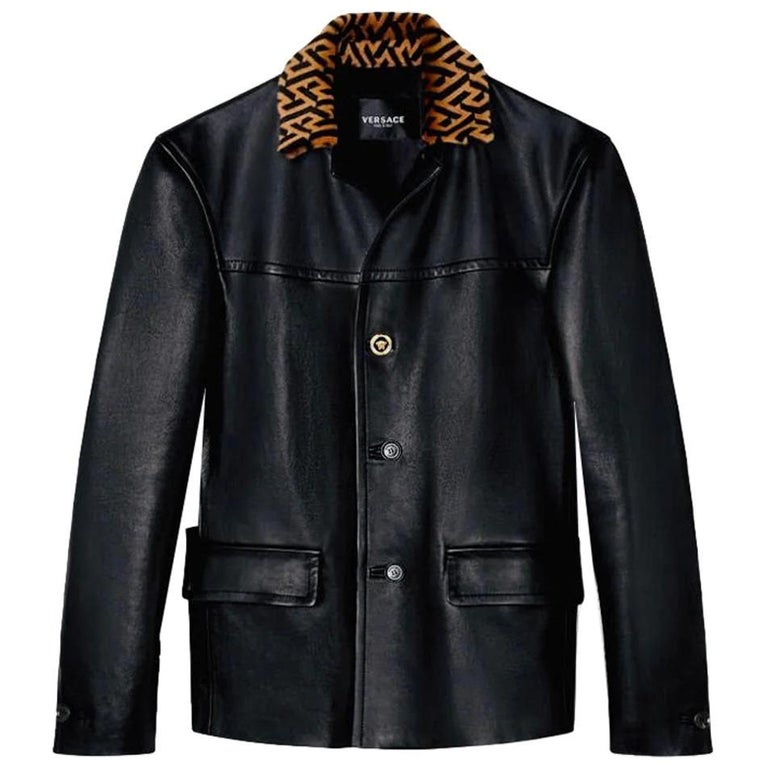 Versace Leather Jacket With Greca Fur Collar For Sale at 1stDibs 