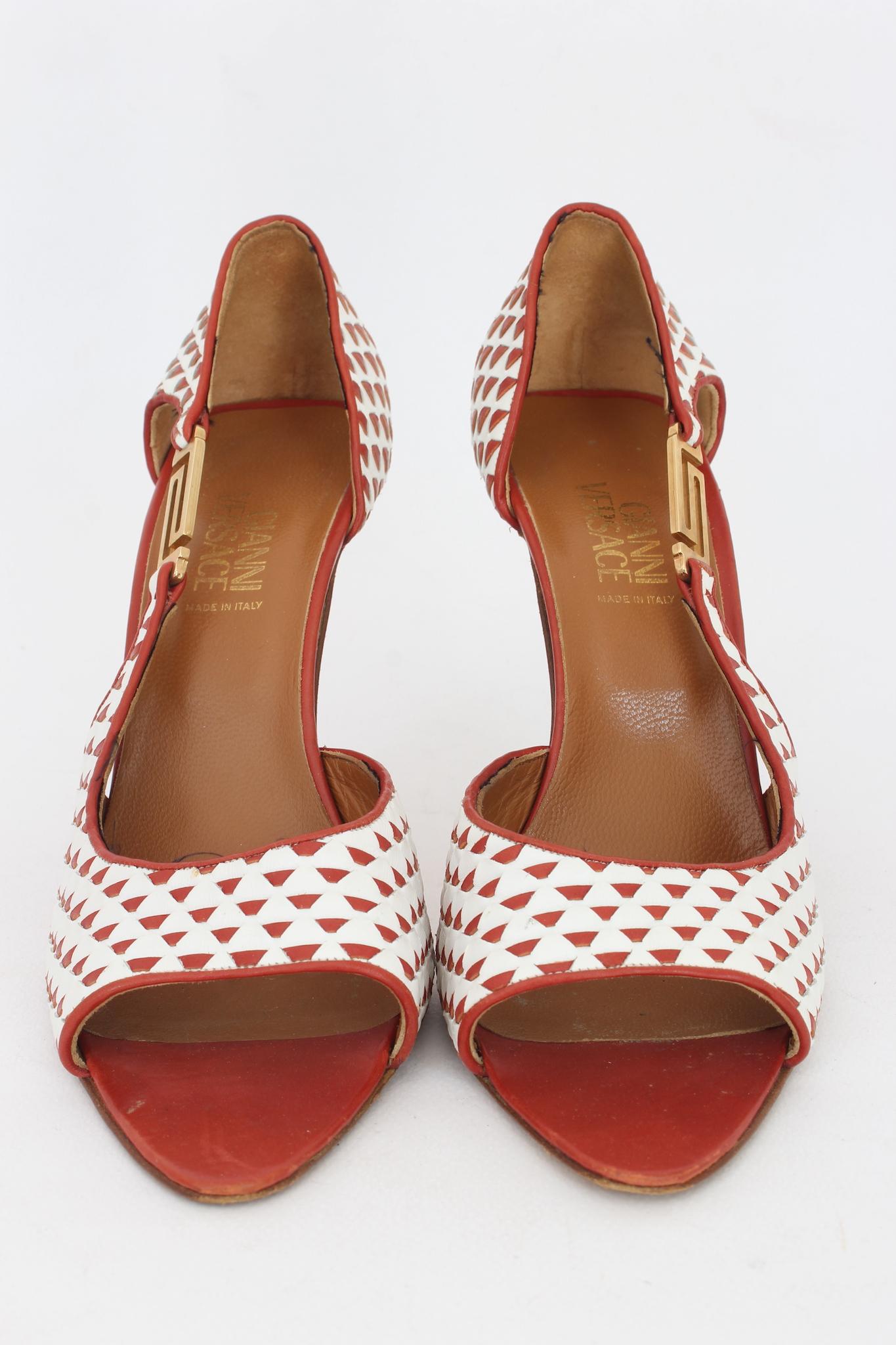 Versace Leather Red Check Vintage Heel Shoes 90s Excellent état - En vente à Brindisi, Bt