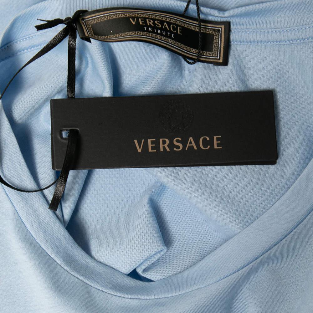 Women's Versace Light Blue Cotton Logo Embroidered Tribute T-Shirt M For Sale