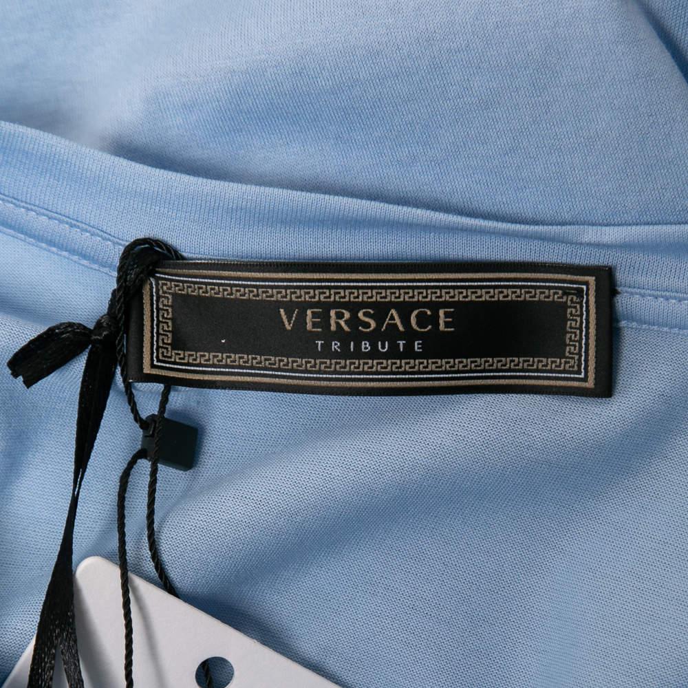 Versace Light Blue Cotton Logo Embroidered Tribute T-Shirt M For Sale 1