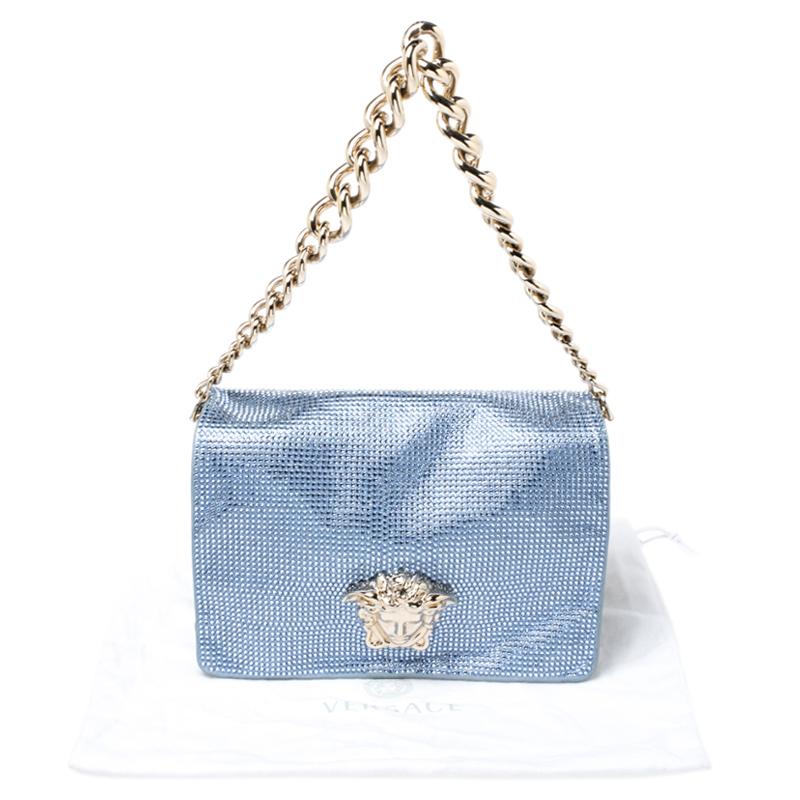 Versace Light Blue Crystal Embellished Shimmer Leather Sultan Shoulder Bag 3