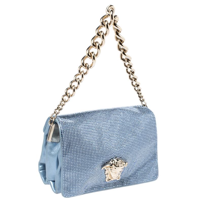 Gray Versace Light Blue Crystal Embellished Shimmer Leather Sultan Shoulder Bag