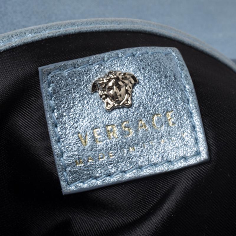 Versace Light Blue Crystal Embellished Shimmer Leather Sultan Shoulder Bag In Good Condition In Dubai, Al Qouz 2