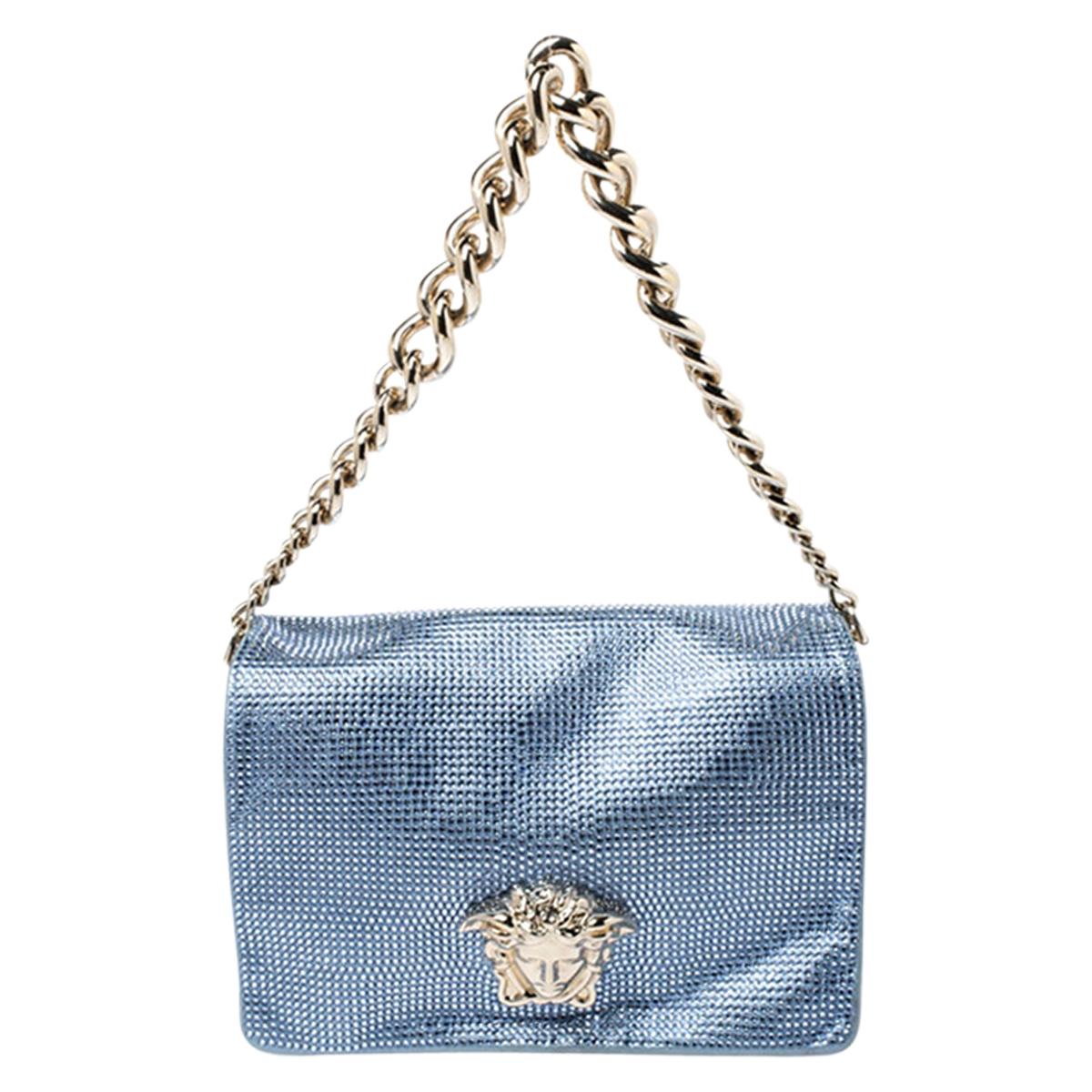 Versace Light Blue Crystal Embellished Shimmer Leather Sultan Shoulder Bag