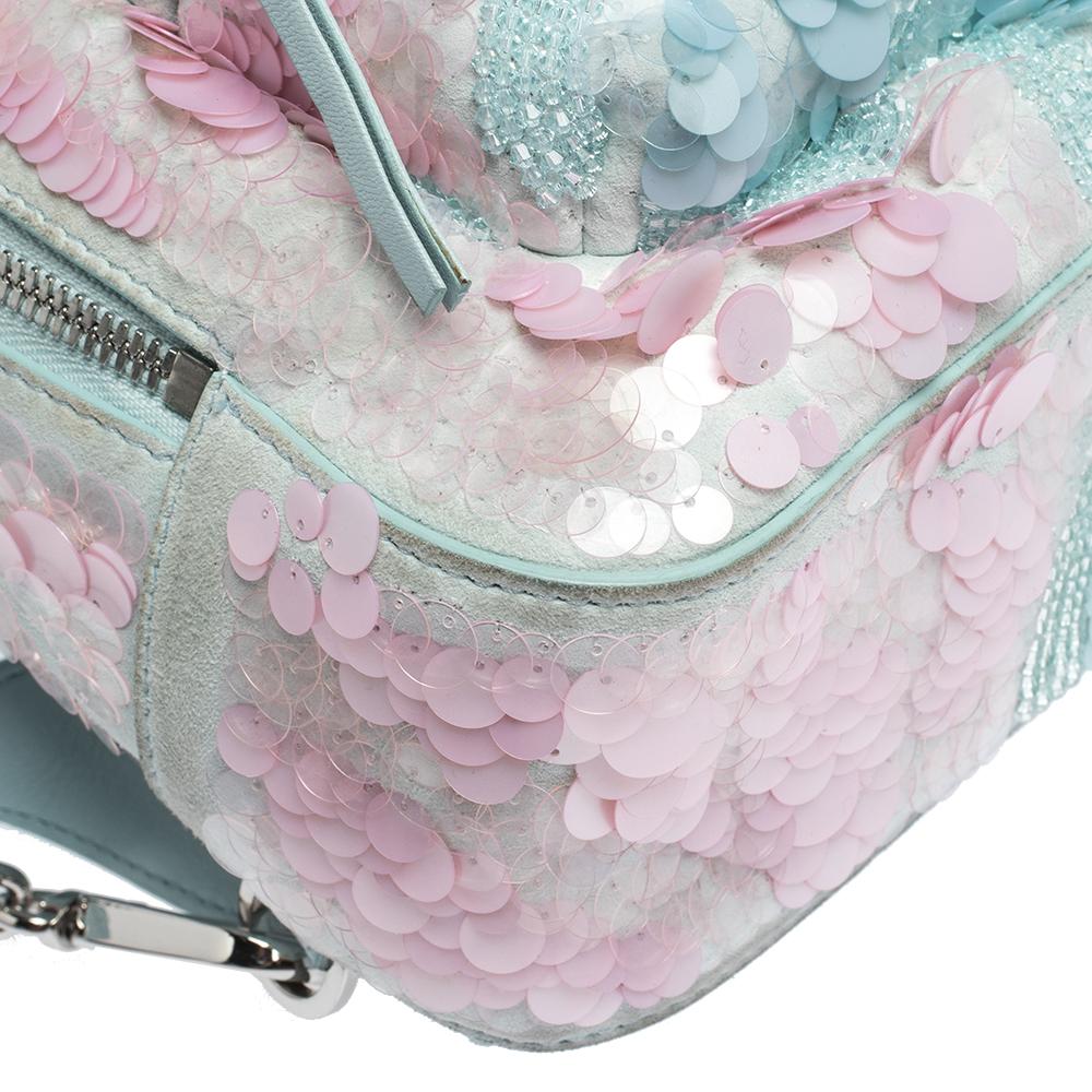 Gray Versace Light Blue Suede and Leather Embellished Sequin Palazzo Medusa Backpack