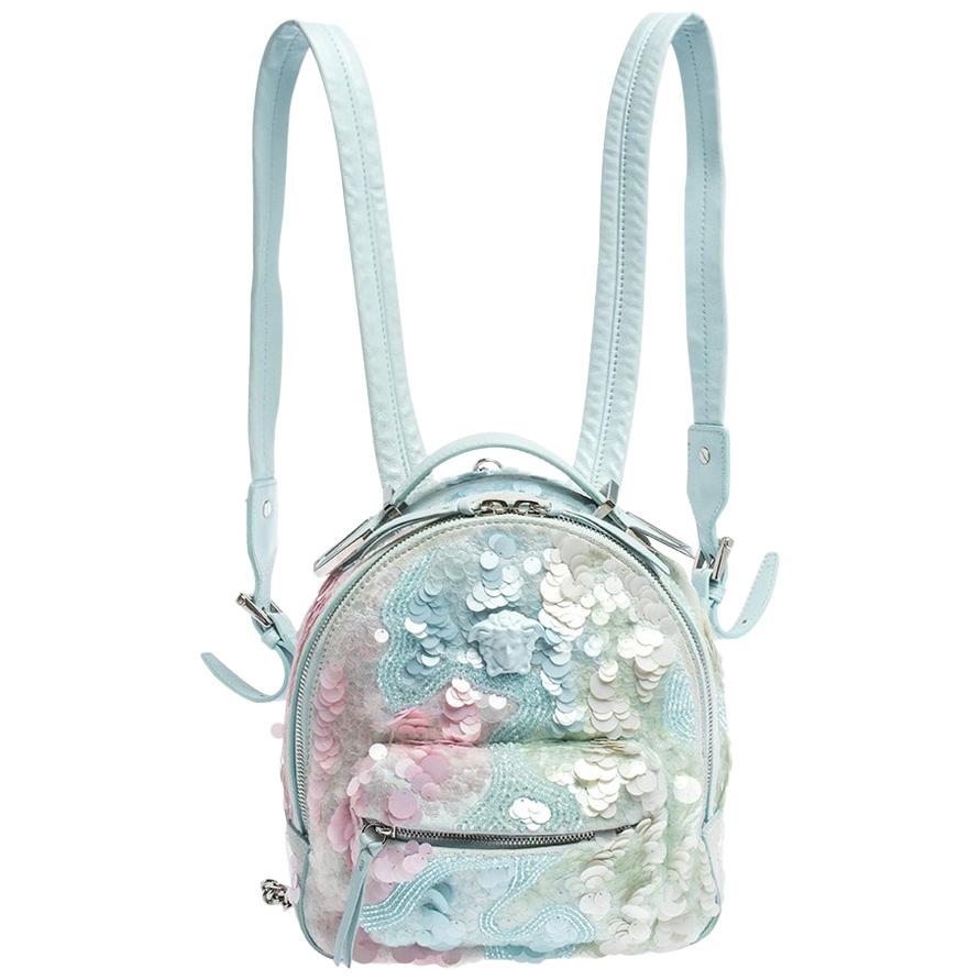 Versace Light Blue Suede and Leather Embellished Sequin Palazzo Medusa Backpack