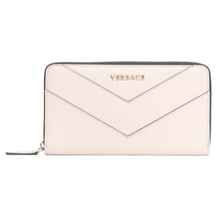 VERSACE light pink saffiano leather gold logo V stitch long wallet