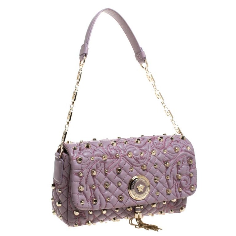 Versace Lilac Studded Leather Vanitas Flap Shoulder Bag For Sale at 1stDibs