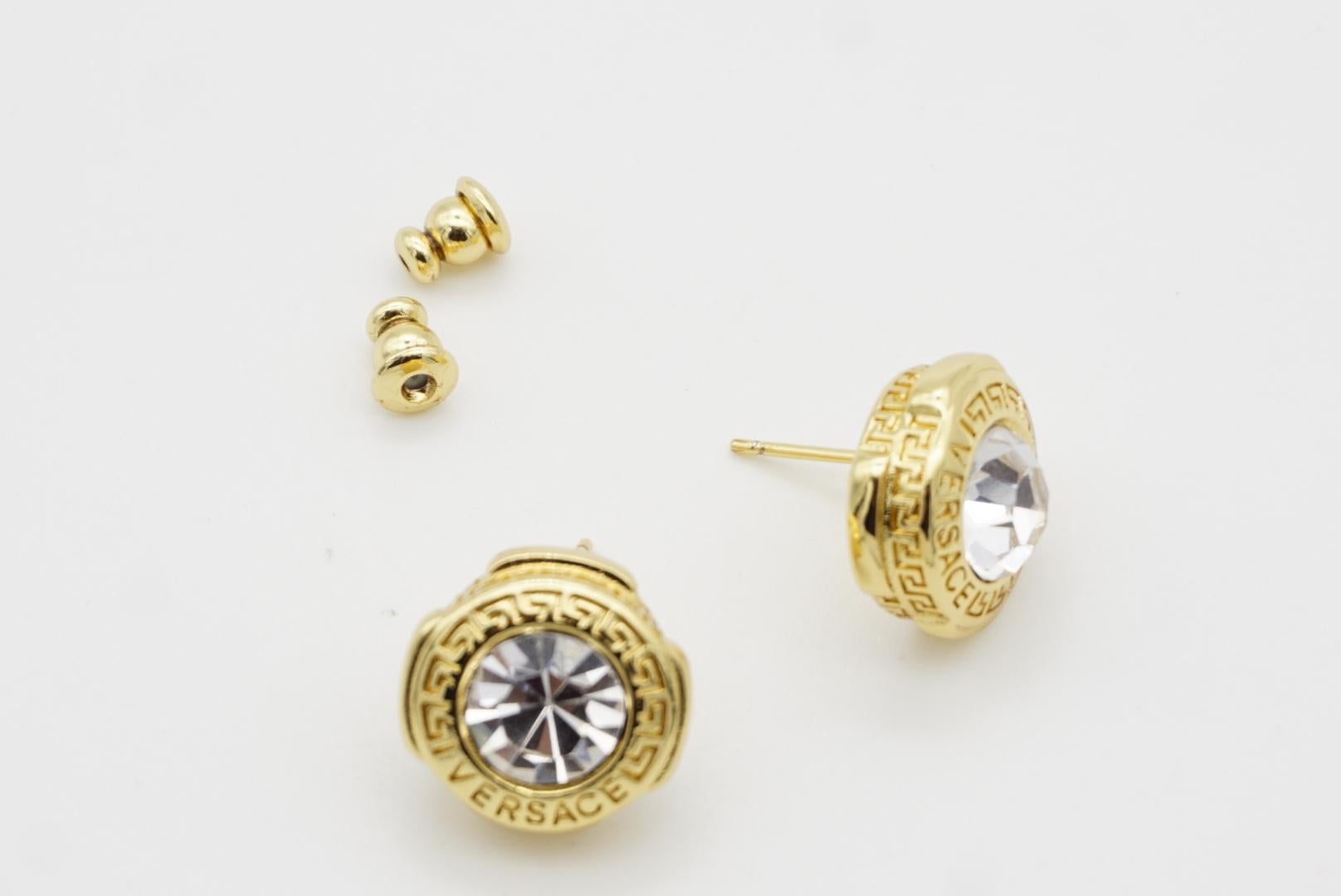 Orecchini Versace Logo Chiave Greca Incisa Greca Rotonda Cristallo Brillante Trafitto 5